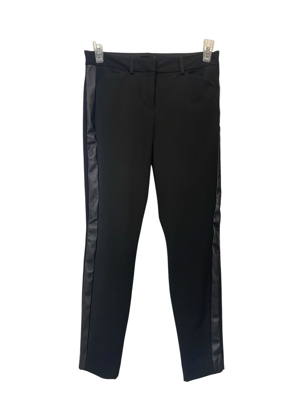Express Women's size 8 Black Skinny Pants midrise with Faux Leather Side Stripe